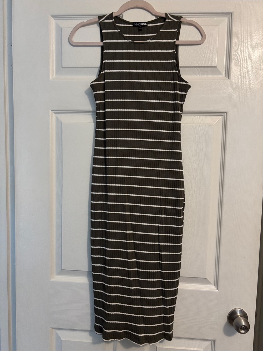 Fashion Nova Olive & White Striped Ribbed Tank Dress